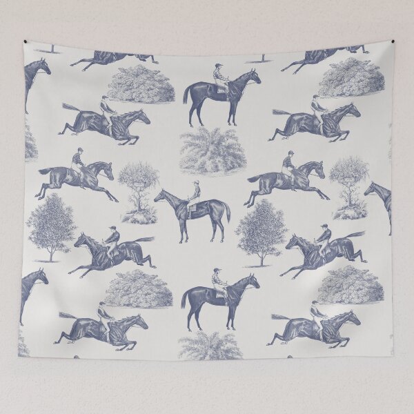 Item preview, Horse Racing Toile Pattern with Jumping Horses Scene - Indigo Blue  designed and sold by CanisArtStudio.