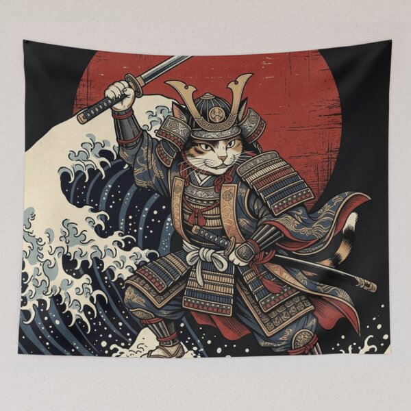 Item preview, Samurai Cat Rising Against The Great Wave - Japanese Ukiyo-e Warrior Art designed and sold by vekotpu.