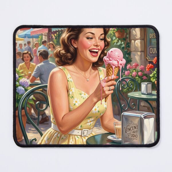 Item preview, Vintage Summer Joy Woman Eating Ice Cream Cafe Wall Art designed and sold by Vincent-68.
