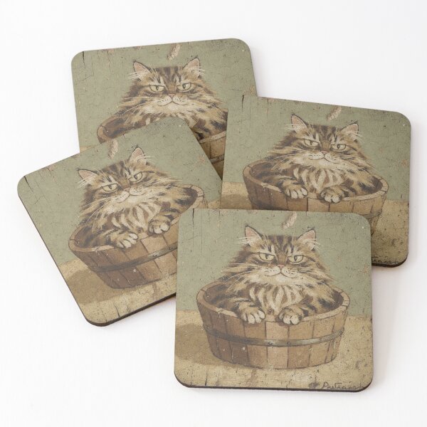 Item preview, Disgruntled Norwegian Forest Cat in a Wooden Bowl Folk Art designed and sold by PictorialWhimsy.