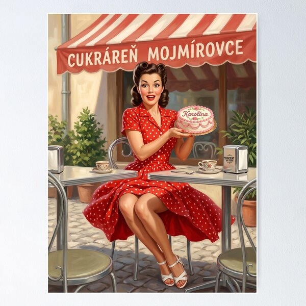 Item preview, Vintage Pinup Girl with Birthday Cake Retro Cafe Art designed and sold by Vincent-68.