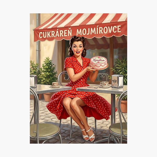 Item preview, Vintage Pinup Girl with Birthday Cake Retro Cafe Art designed and sold by Vincent-68.