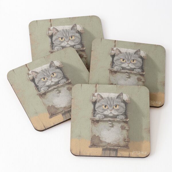 Item preview, Wary Chartreux Cat Peeking From a Mailbox Folk Art designed and sold by PictorialWhimsy.