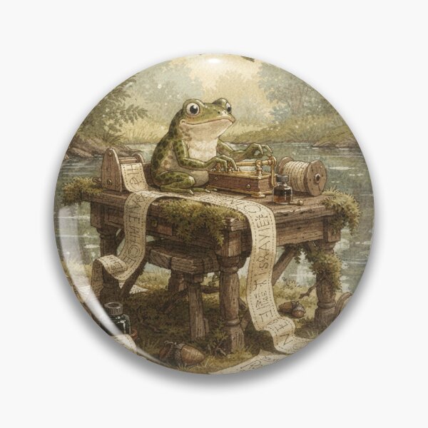 Item preview, Frog Telegraph Operator at the Pond Office Cottagecore Art designed and sold by PictorialWhimsy.