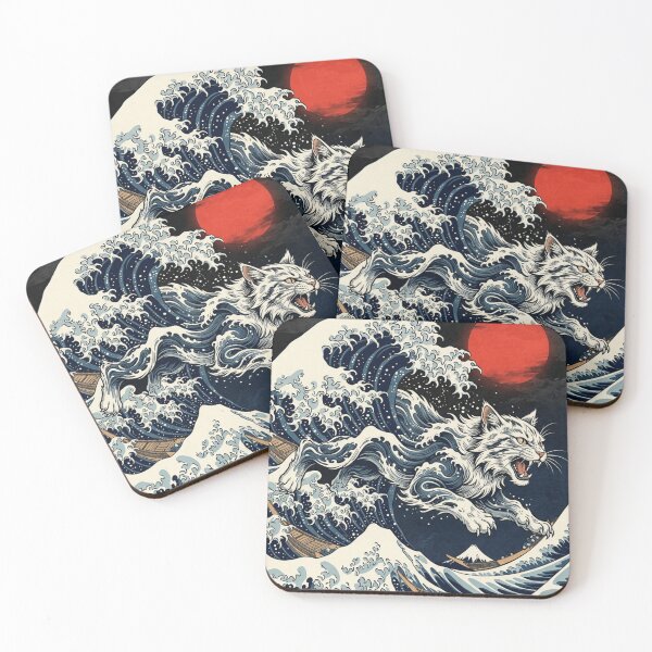 Item preview, Japanese Great Wave Cat - Ukiyo-e Style White Cat Under Red Sun designed and sold by vekotpu.