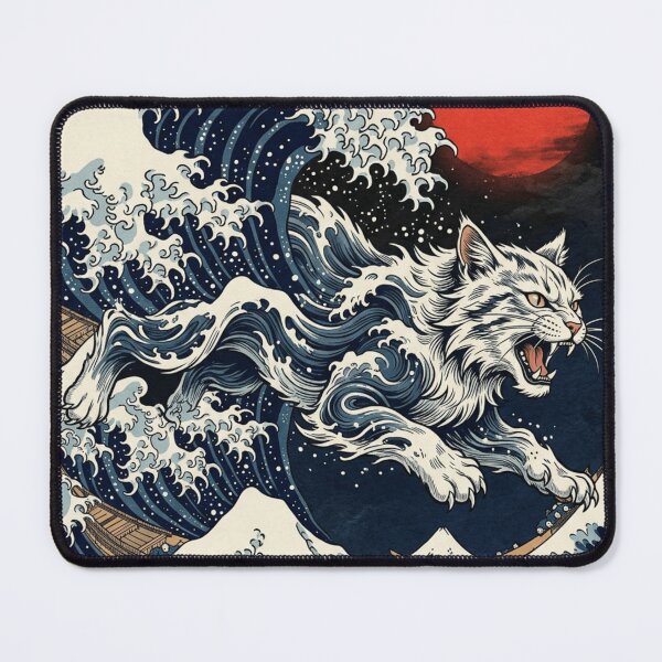 Item preview, Japanese Great Wave Cat - Ukiyo-e Style White Cat Under Red Sun designed and sold by vekotpu.