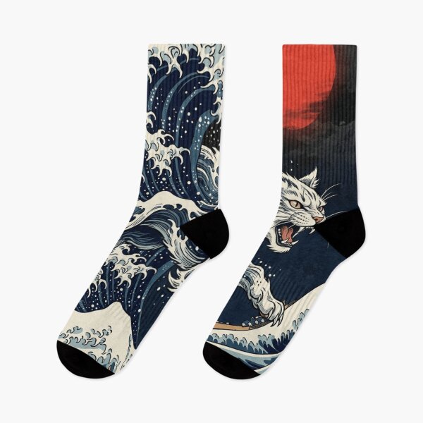 Item preview, Japanese Great Wave Cat - Ukiyo-e Style White Cat Under Red Sun designed and sold by vekotpu.