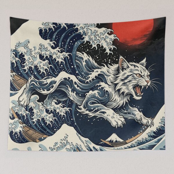 Item preview, Japanese Great Wave Cat - Ukiyo-e Style White Cat Under Red Sun designed and sold by vekotpu.