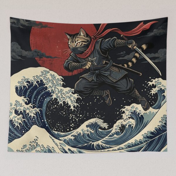 Item preview, Ninja Cat Leaping Through The Great Wave - Japanese Ukiyo-e Warrior Art designed and sold by vekotpu.