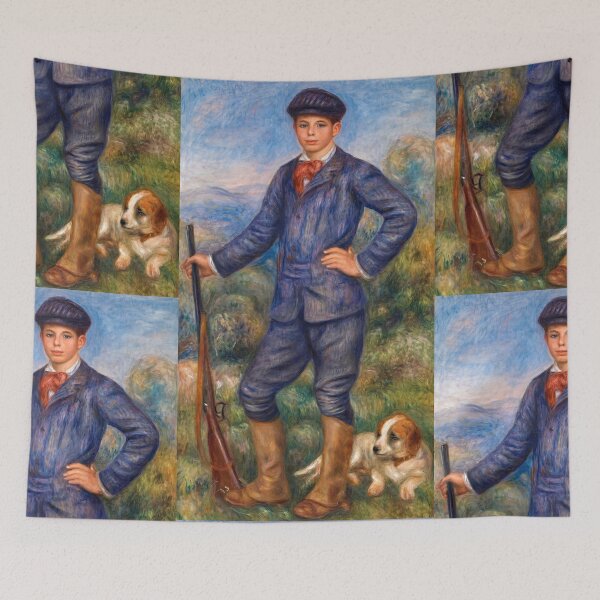 Item preview, Young Hunter Boy With Dog and Rifle designed and sold by artofuniverse.