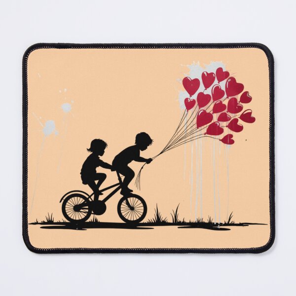 Item preview, Banksy - childs riding a bicycle, while the child behind is standing on the seat, holding strings attached to a cluster of bright red heart-shaped balloons designed and sold by 123ks.