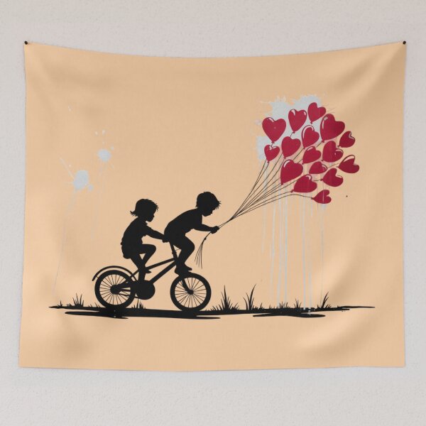 Item preview, Banksy - childs riding a bicycle, while the child behind is standing on the seat, holding strings attached to a cluster of bright red heart-shaped balloons designed and sold by 123ks.