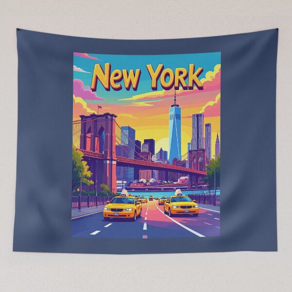 Item preview, New York City skyline with yellow taxis and Brooklyn Bridge at sunset designed and sold by Sasas Design.