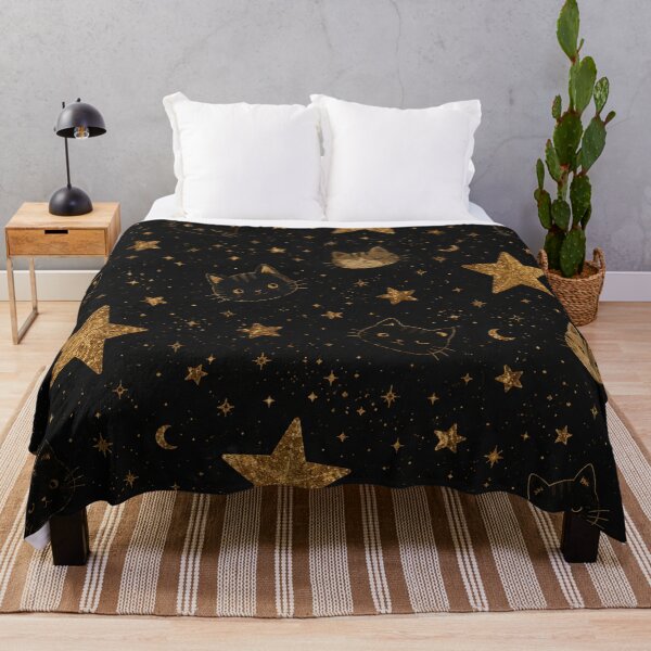 Item preview, Golden Celestial Cat Throw Blanket – Black Gold Star Moon Cat Pattern Cozy Witchy Cat Lover Blanket designed and sold by IconicDesignsXd.