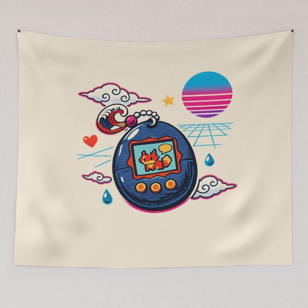 Item preview, Neon Retro Synthwave Ukiyo‑E Tamagotchi Homage designed and sold by KungPowUnicorn.