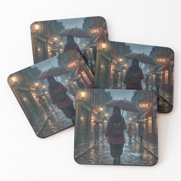 Item preview, Cinematic Muslim Woman Walking in the Rain - Aesthetic Anime Art designed and sold by hakikatm.