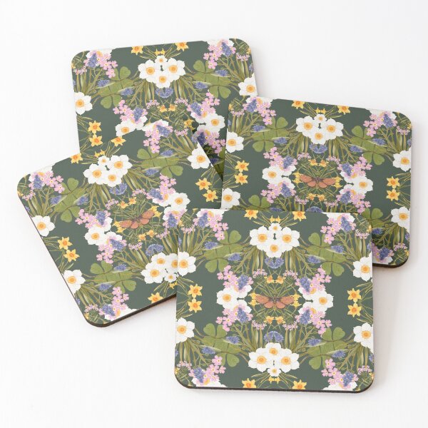 Item preview, Symmetrical White Wildflowers On Dark Green Background designed and sold by Grin Katalina Floral Patterns & Cozy Art.