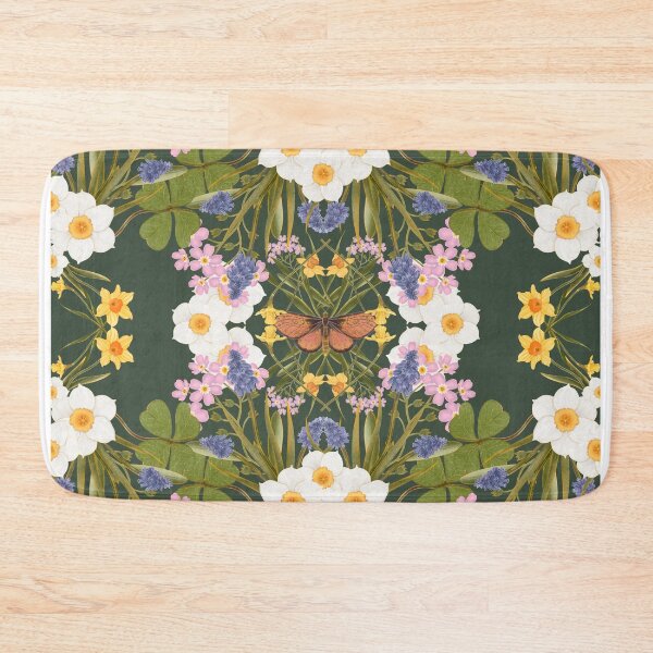 Item preview, Symmetrical White Wildflowers On Dark Green Background designed and sold by Grin Katalina Floral Patterns & Cozy Art.
