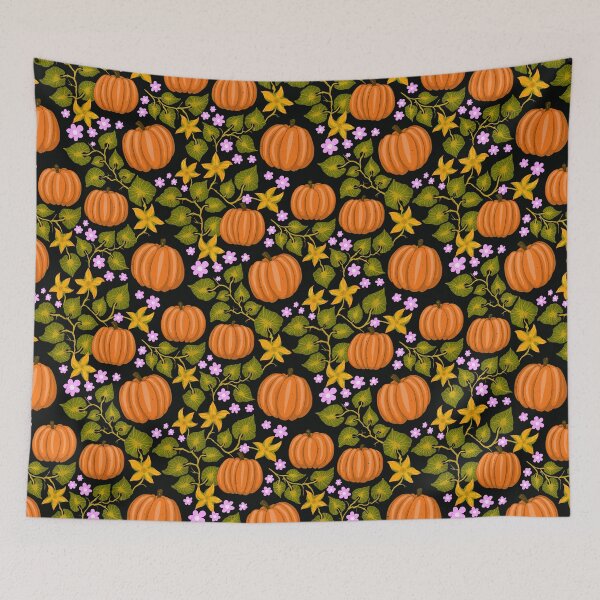 Item preview, Bright orange pumpkins with colorful leaves and blossoms designed and sold by Sonja Birkelbach.