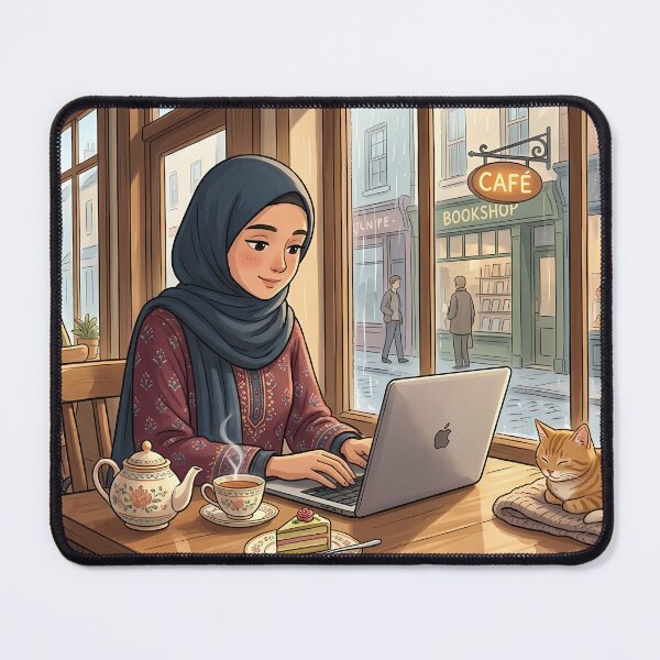 Item preview, Cozy Cafe Day: Cute Hijab Girl Working with Cat - Anime Aesthetic designed and sold by hakikatm.