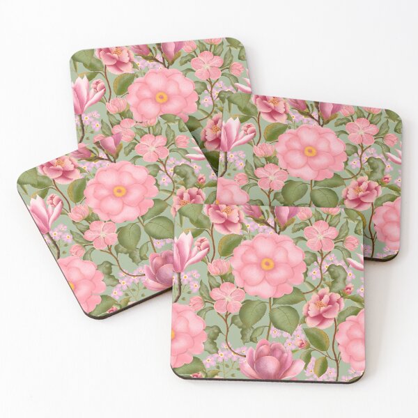 Item preview, Seamless vintage pattern with pink camellias and roses designed and sold by Grin Katalina Floral Patterns & Cozy Art.