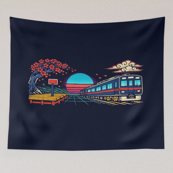 Item preview, Neon Retro Synthwave Ukiyo‑E Train Stop designed and sold by KungPowUnicorn.