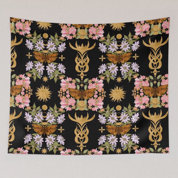 Item preview, Mystical Gothic Moth And Gold Floral Pattern designed and sold by Grin Katalina Floral Patterns & Cozy Art.