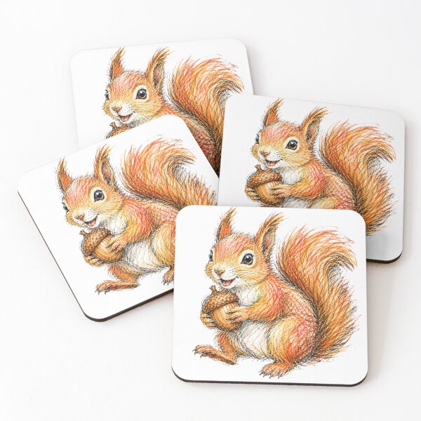 Item preview, Red Squirrel Holding an Acorn | Colorful Hand Drawn Ink Sketch designed and sold by PnrArtDesign.