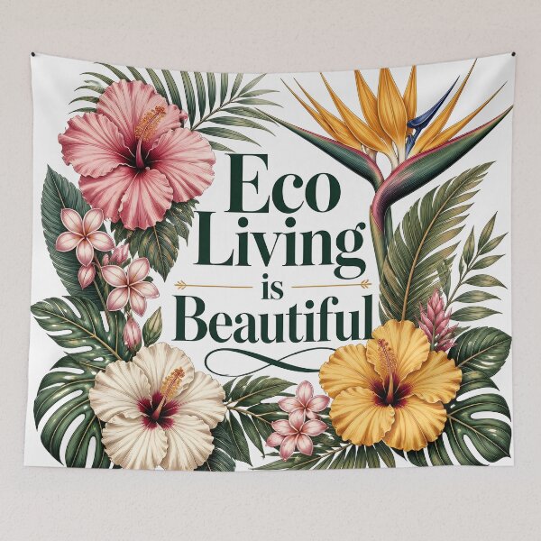 Item preview, Eco Living Is Beautiful Tropical Floral Typography designed and sold by Luna-Flow.