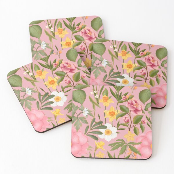 Item preview, Charming Colorful Spring Flowers On Pink Background. Pink camellias and roses, yellow and white daffodils designed and sold by Grin Katalina Floral Patterns & Cozy Art.