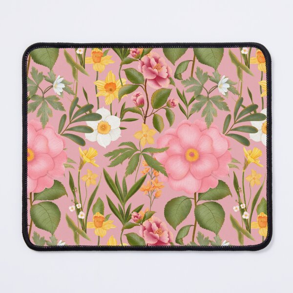 Item preview, Charming Colorful Spring Flowers On Pink Background. Pink camellias and roses, yellow and white daffodils designed and sold by Grin Katalina Floral Patterns & Cozy Art.
