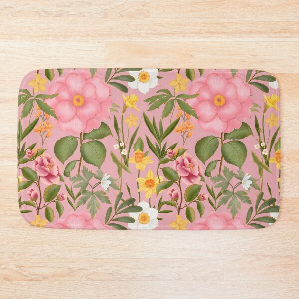 Item preview, Charming Colorful Spring Flowers On Pink Background. Pink camellias and roses, yellow and white daffodils designed and sold by Grin Katalina Floral Patterns & Cozy Art.