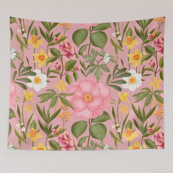 Item preview, Charming Colorful Spring Flowers On Pink Background. Pink camellias and roses, yellow and white daffodils designed and sold by Grin Katalina Floral Patterns & Cozy Art.