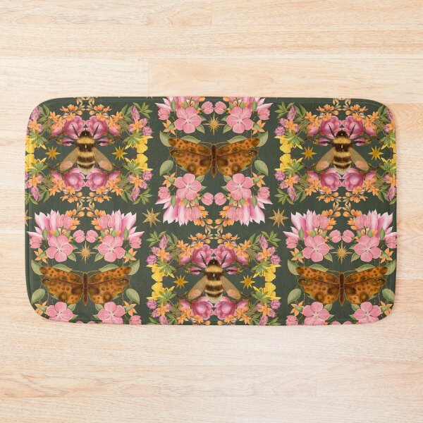 Item preview, Elegant Pink Rose And Peony Pattern On Olive. Butterflies and bumblebees in flowers. designed and sold by Grin Katalina Floral Patterns & Cozy Art.