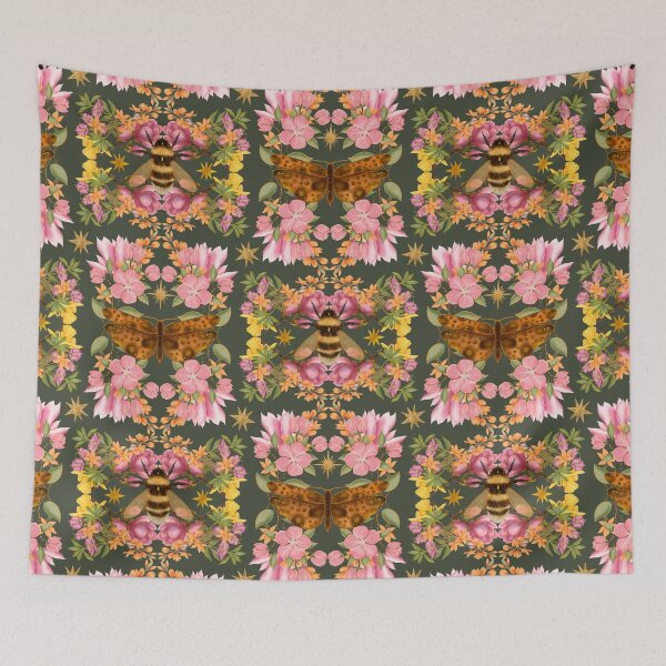Item preview, Elegant Pink Rose And Peony Pattern On Olive. Butterflies and bumblebees in flowers. designed and sold by Grin Katalina Floral Patterns & Cozy Art.