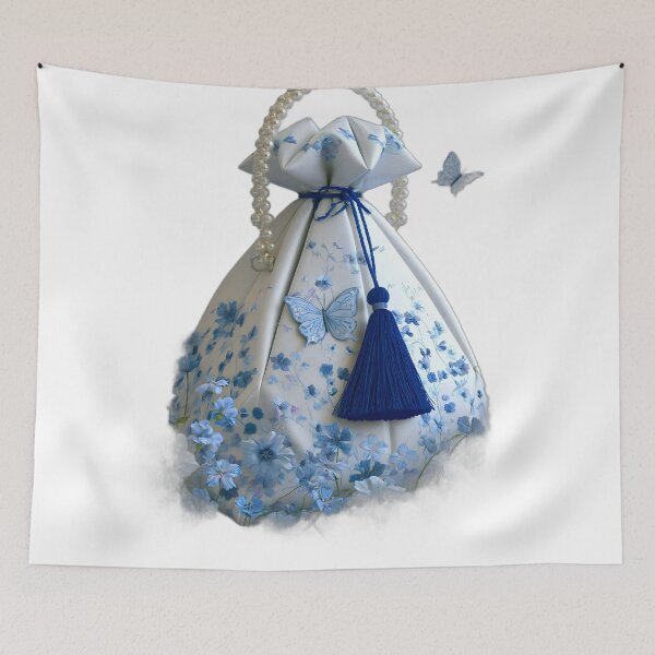 Item preview, Bolso de lujo azul con estampado floral, cordón ajustable, perla y mariposa. designed and sold by UniqYou.