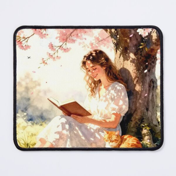 Item preview, Woman Reading Under Cherry Blossom Tree with Cat designed and sold by Pioneer Spirit Market.