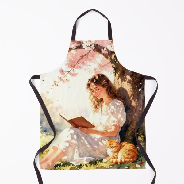 Artikelvorschau, Woman Reading Under Cherry Blossom Tree with Cat entworfen und verkauft von Pioneer Spirit Market.