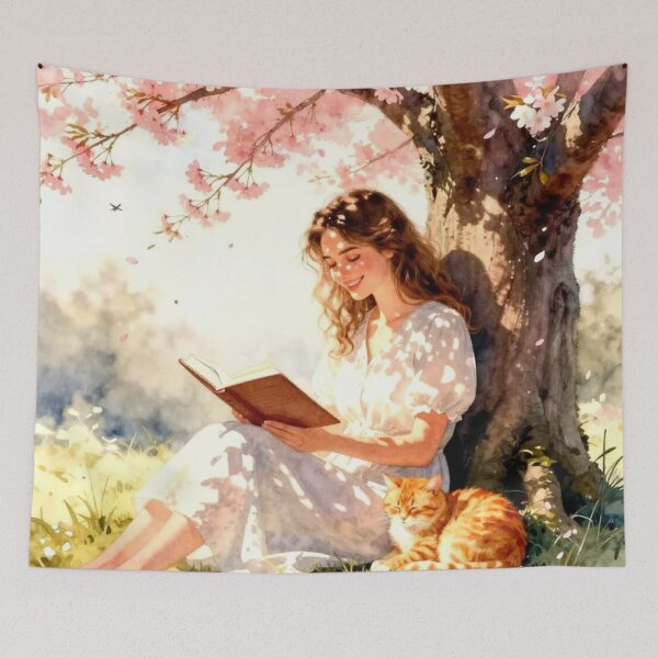 Item preview, Woman Reading Under Cherry Blossom Tree with Cat designed and sold by Pioneer Spirit Market.