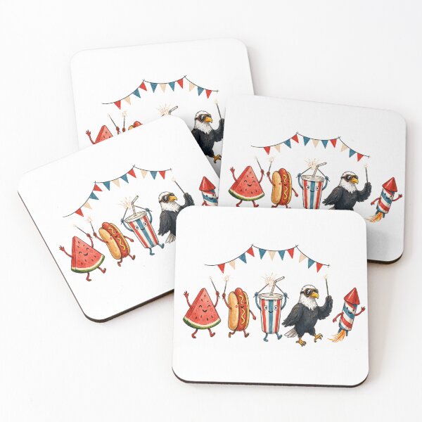 Item preview, Retro Style Doodle Patriotic Parade Characters – Cute 4th of July Watermelon, Hot Dog, Soda, Eagle & Firework Illustration designed and sold by InspiredCreatives.
