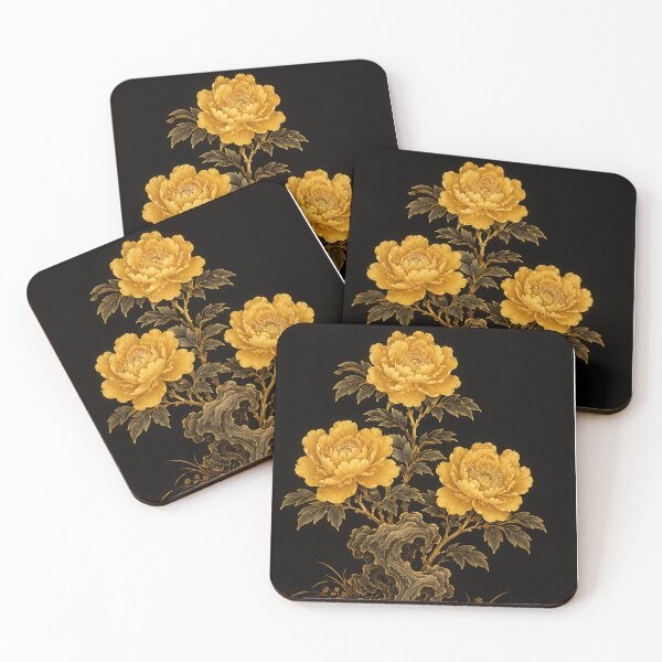 Item preview, Three Golden Peonies on Scholar's Rock - Korean Minhwa Prosperity Wall Art designed and sold by K-Tradition.