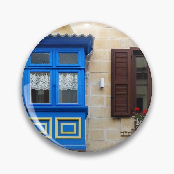 Item preview, Colorful Blue Maltese Balcony and Brown Shutter Window with Flower Box on Limestone Facade designed and sold by Nmallia.