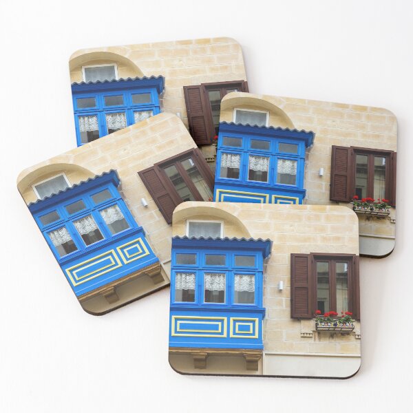 Item preview, Colorful Blue Maltese Balcony and Brown Shutter Window with Flower Box on Limestone Facade designed and sold by Nmallia.