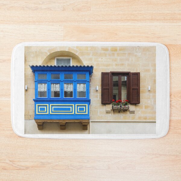 Item preview, Colorful Blue Maltese Balcony and Brown Shutter Window with Flower Box on Limestone Facade designed and sold by Nmallia.