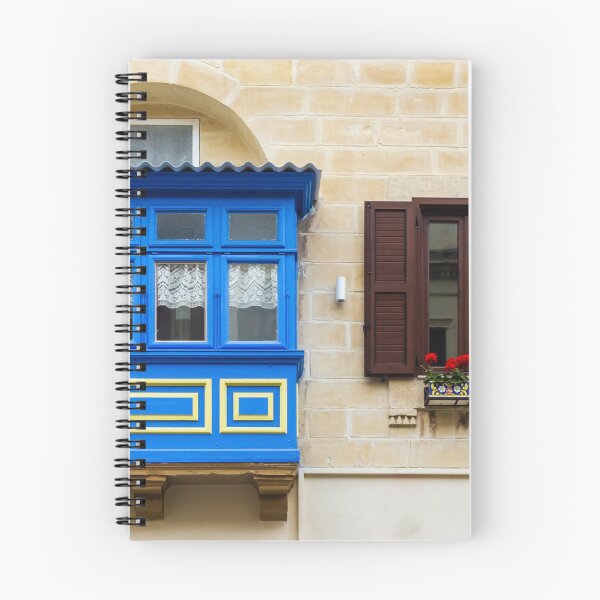 Item preview, Colorful Blue Maltese Balcony and Brown Shutter Window with Flower Box on Limestone Facade designed and sold by Nmallia.