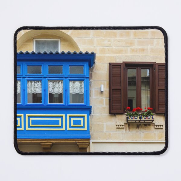 Item preview, Colorful Blue Maltese Balcony and Brown Shutter Window with Flower Box on Limestone Facade designed and sold by Nmallia.