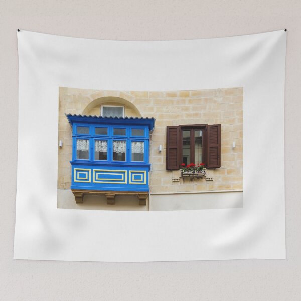 Item preview, Colorful Blue Maltese Balcony and Brown Shutter Window with Flower Box on Limestone Facade designed and sold by Nmallia.