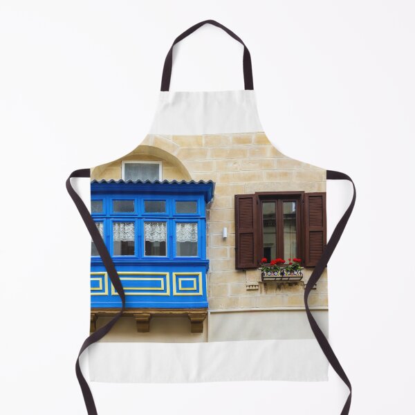 Item preview, Colorful Blue Maltese Balcony and Brown Shutter Window with Flower Box on Limestone Facade designed and sold by Nmallia.