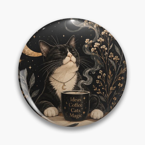 Item preview, Mystical Coffee Cat Under The Moon | Cozy Cat Lover Fantasy Art designed and sold by Sara-Ai.