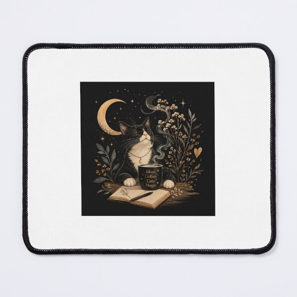 Item preview, Mystical Coffee Cat Under The Moon | Cozy Cat Lover Fantasy Art designed and sold by Sara-Ai.